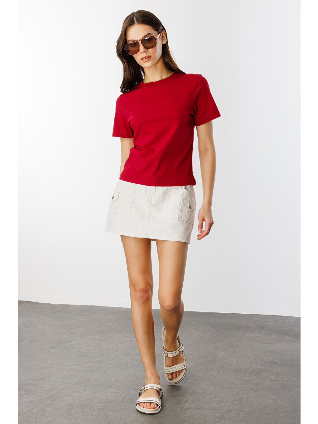 Bordo Kadın T-shirt Kısa Kollu Organik Pamuklu Bisiklet Yaka Crop T-shirt KADIN-T-SHIRT-1