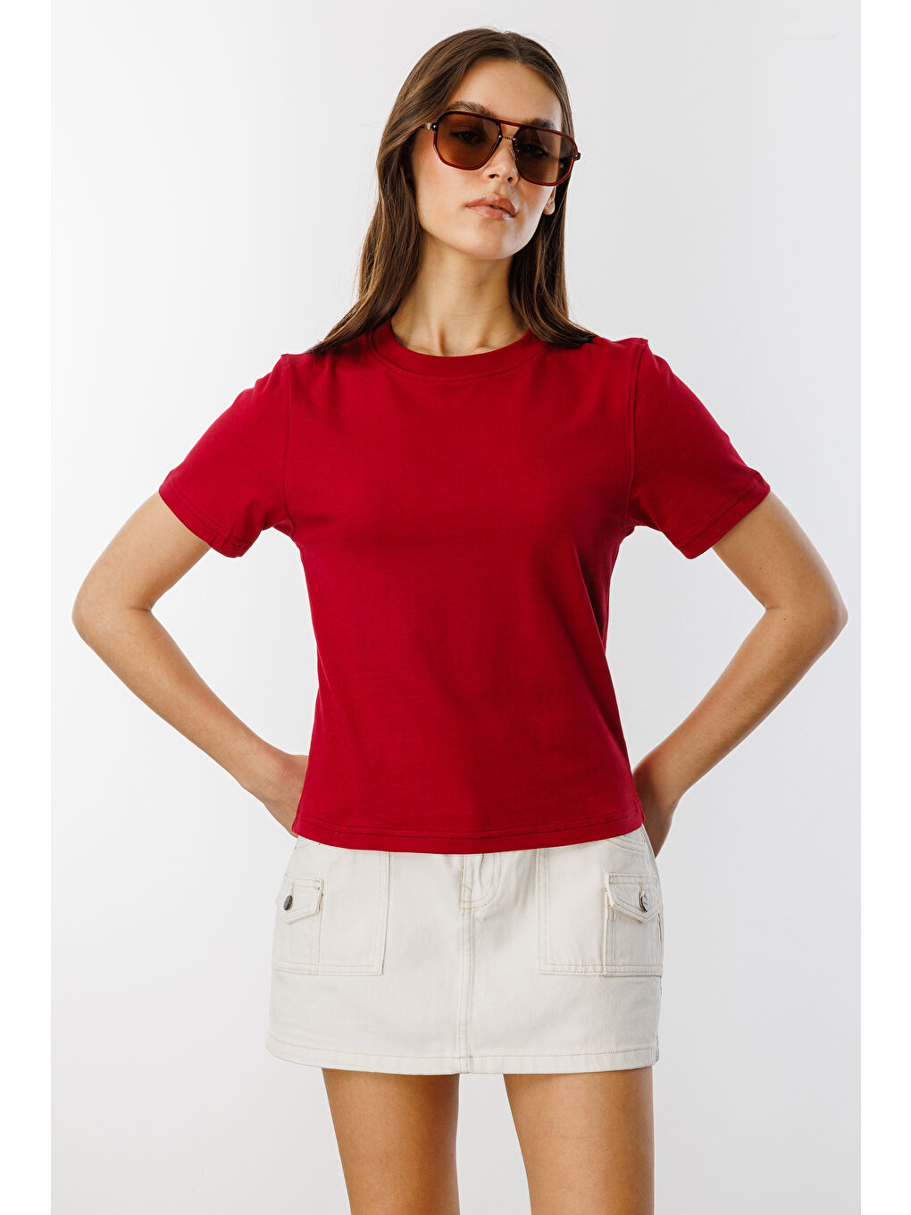 Bordo Kadın T-shirt Kısa Kollu Organik Pamuklu Bisiklet Yaka Crop T-shirt KADIN-T-SHIRT-2