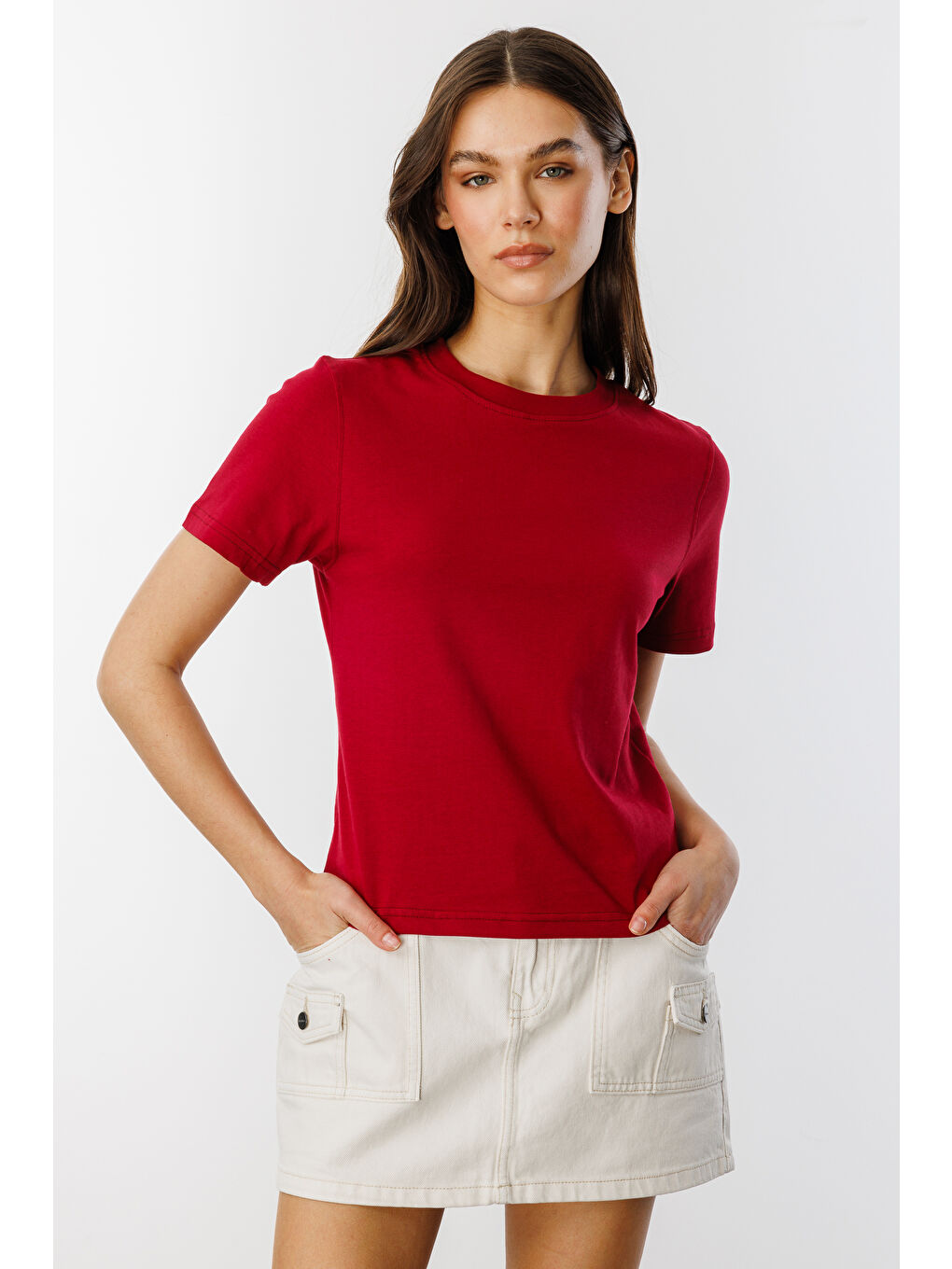 Bordo Kadın T-shirt Kısa Kollu Organik Pamuklu Bisiklet Yaka Crop T-shirt KADIN-T-SHIRT-3