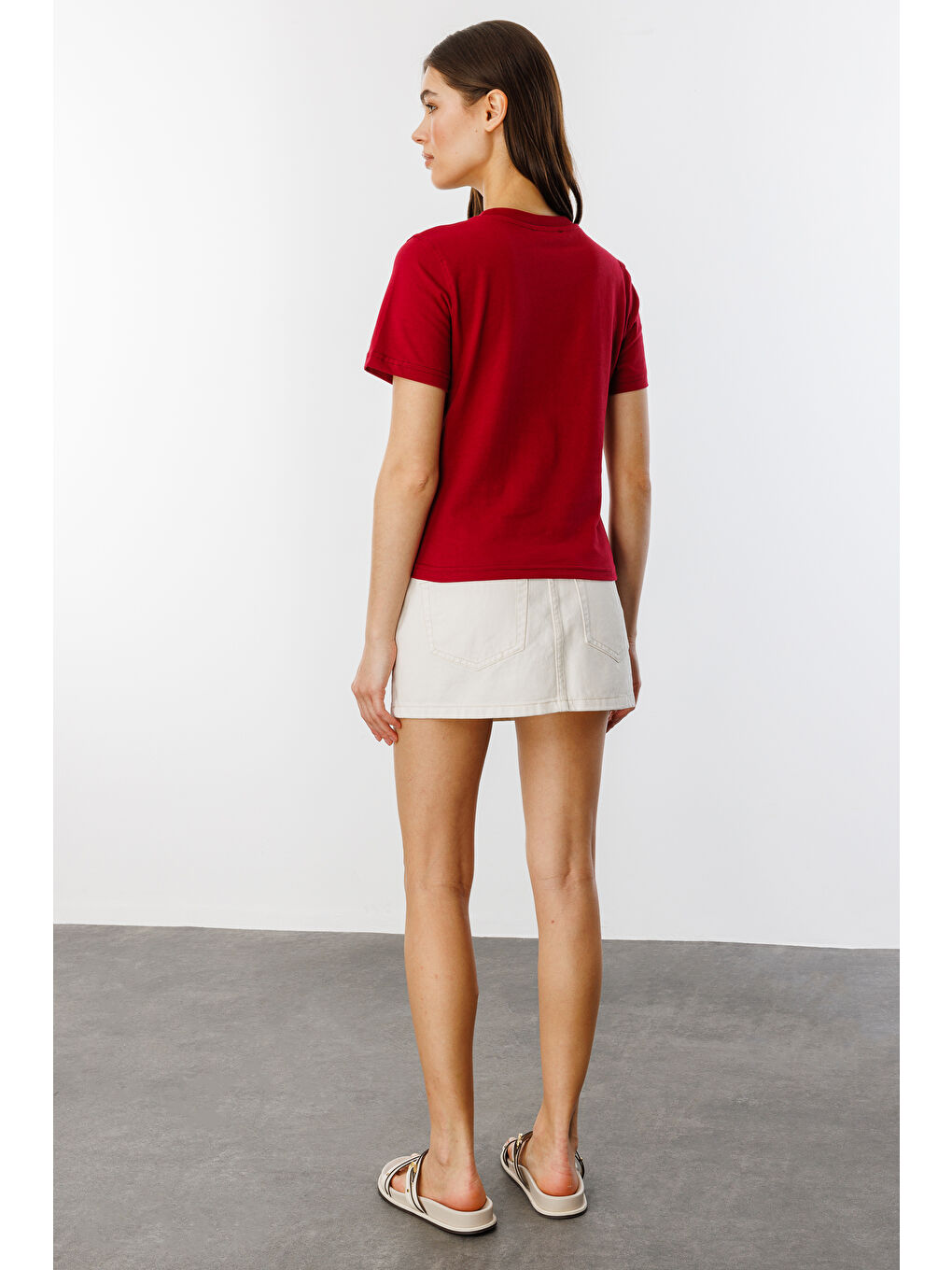 Bordo Kadın T-shirt Kısa Kollu Organik Pamuklu Bisiklet Yaka Crop T-shirt KADIN-T-SHIRT-4