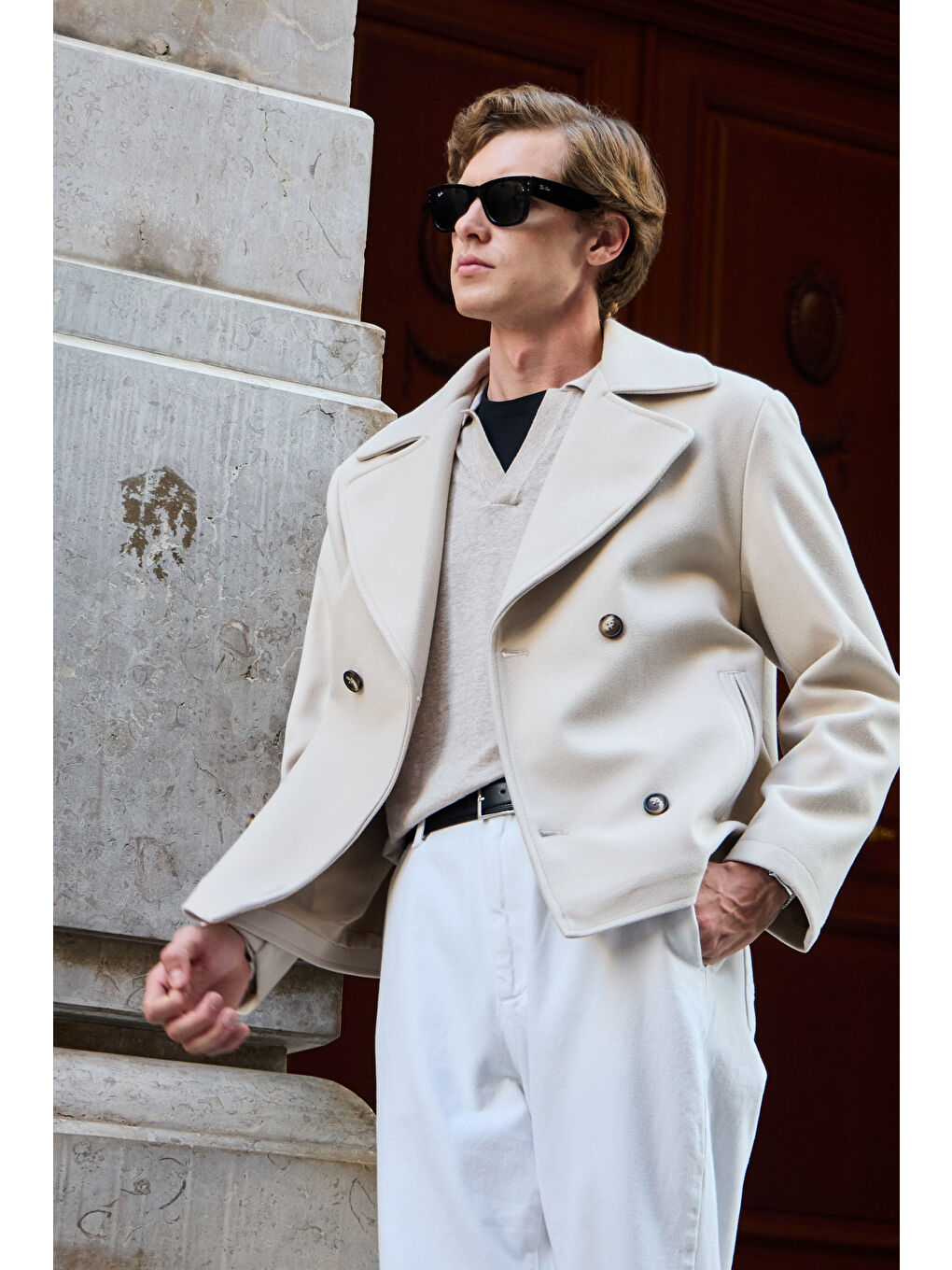 Erkek Kruvaze Kaşe Mont Ceket Ekru-7