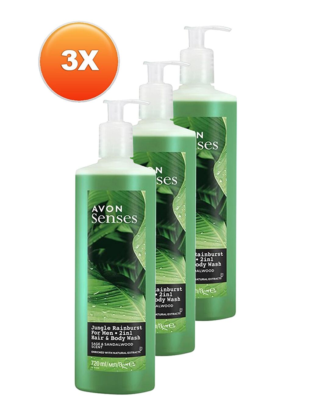 AVON Jungle Rainburst Adaçayı ve Sandal Ağacı Kokulu Erkek Saç ve Vücut Şampuanı 720 Ml. Üçlü Set - 1