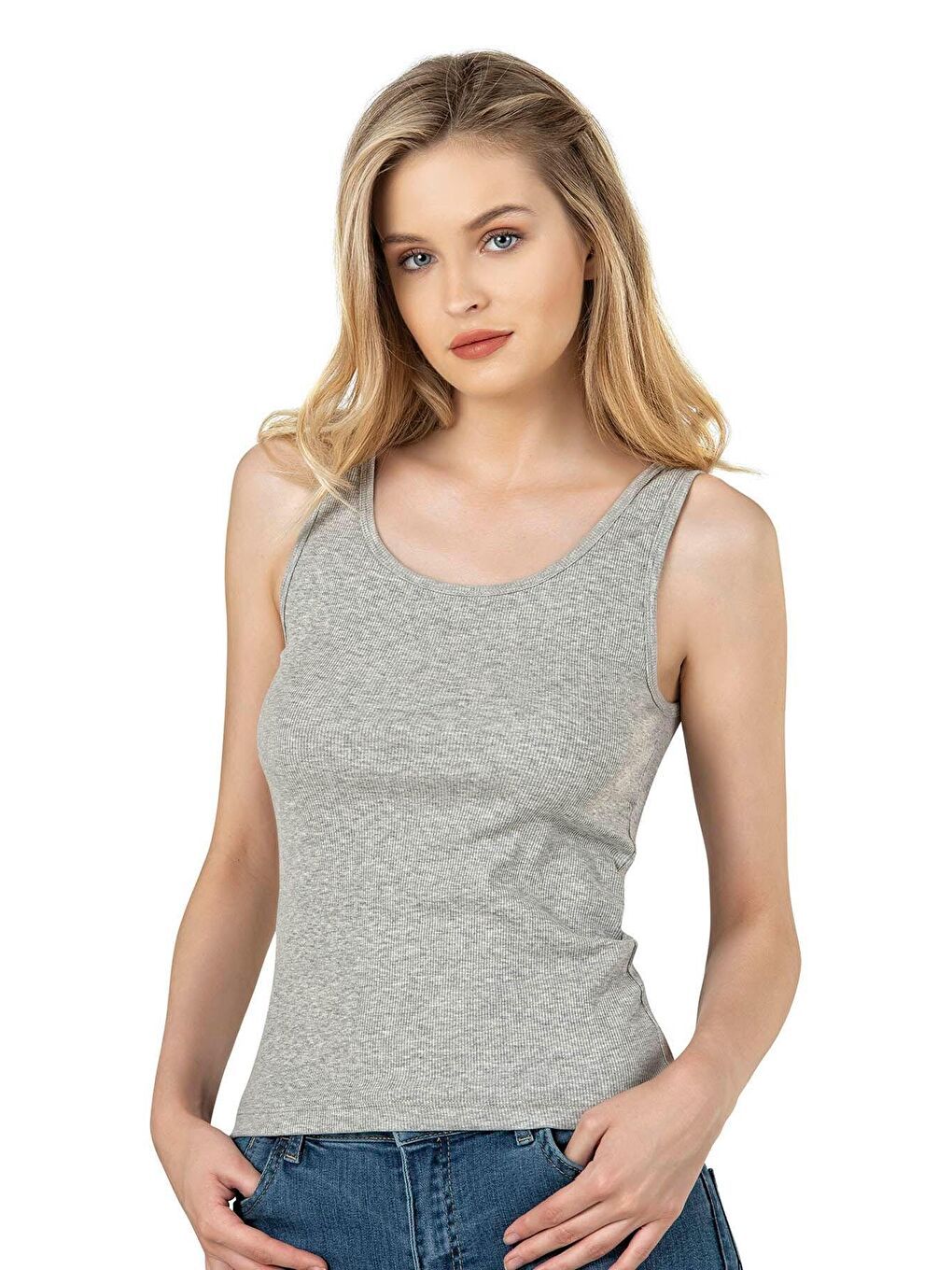 Kadın Pamuklu Fitilli Örme Kalın Askılı Atlet Gri Melanj | 26815