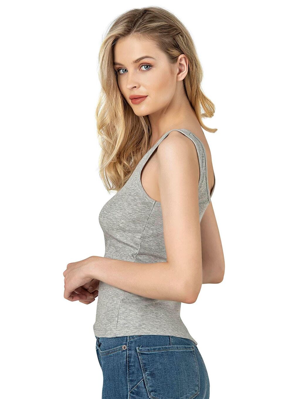 Kadın Pamuklu Fitilli Örme Kalın Askılı Atlet Gri Melanj | 26815-1