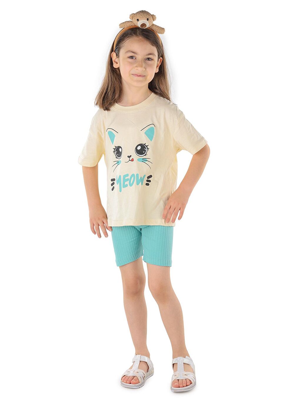 Yeşil Kız Çocuk Tişört Şort Takım Kedi Baskılı Fitilli Şort
