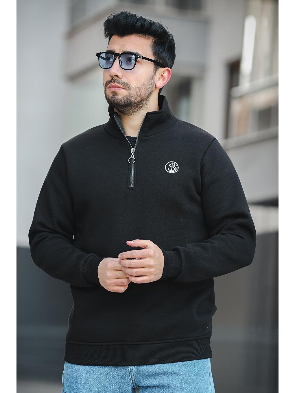 Siyah Sezza Üç İplik Şardonlu Nakışlı Fermuarlı Dik Yaka Slim Fit Erkek Sweatshirt-1
