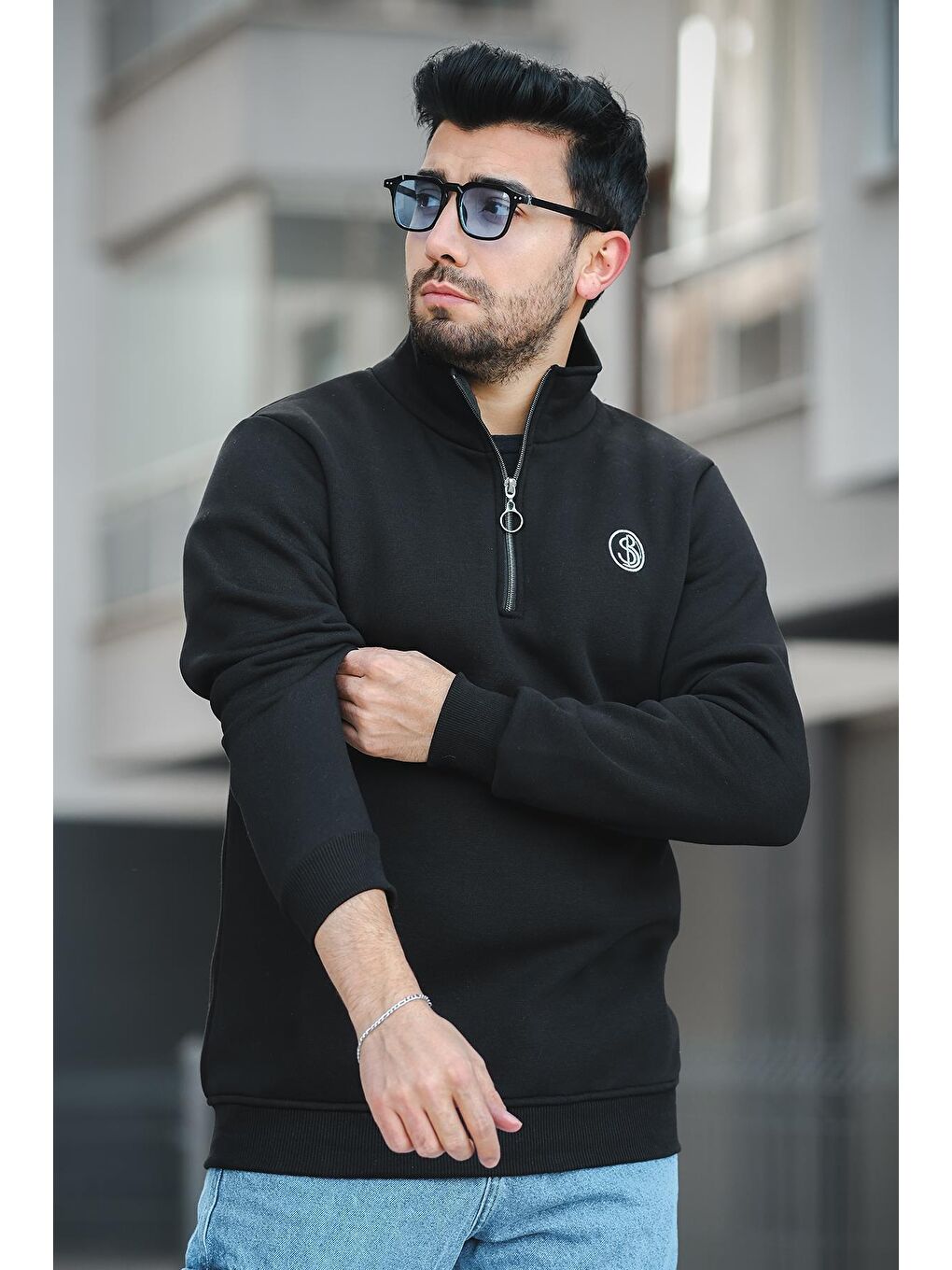 Siyah Sezza Üç İplik Şardonlu Nakışlı Fermuarlı Dik Yaka Slim Fit Erkek Sweatshirt-2