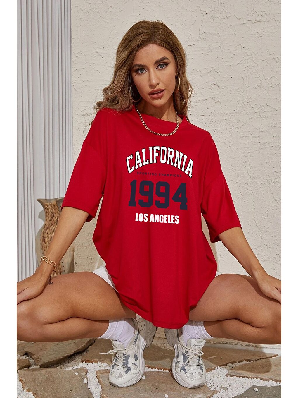 uyguntarz Kırmızı Unisex California Baskılı Oversize Tshirt