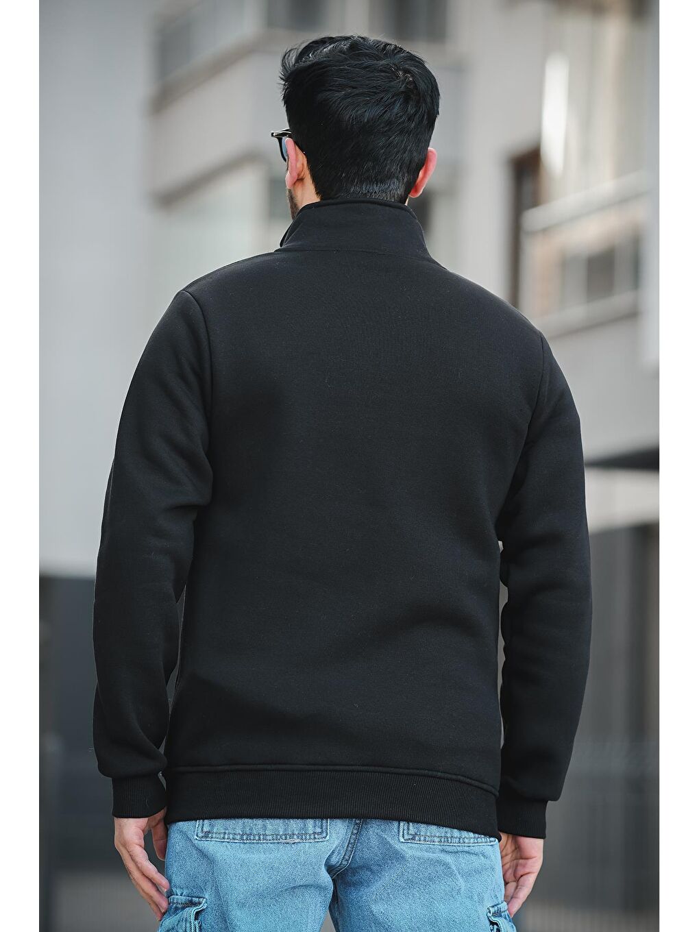 Siyah Sezza Üç İplik Şardonlu Nakışlı Fermuarlı Dik Yaka Slim Fit Erkek Sweatshirt-3