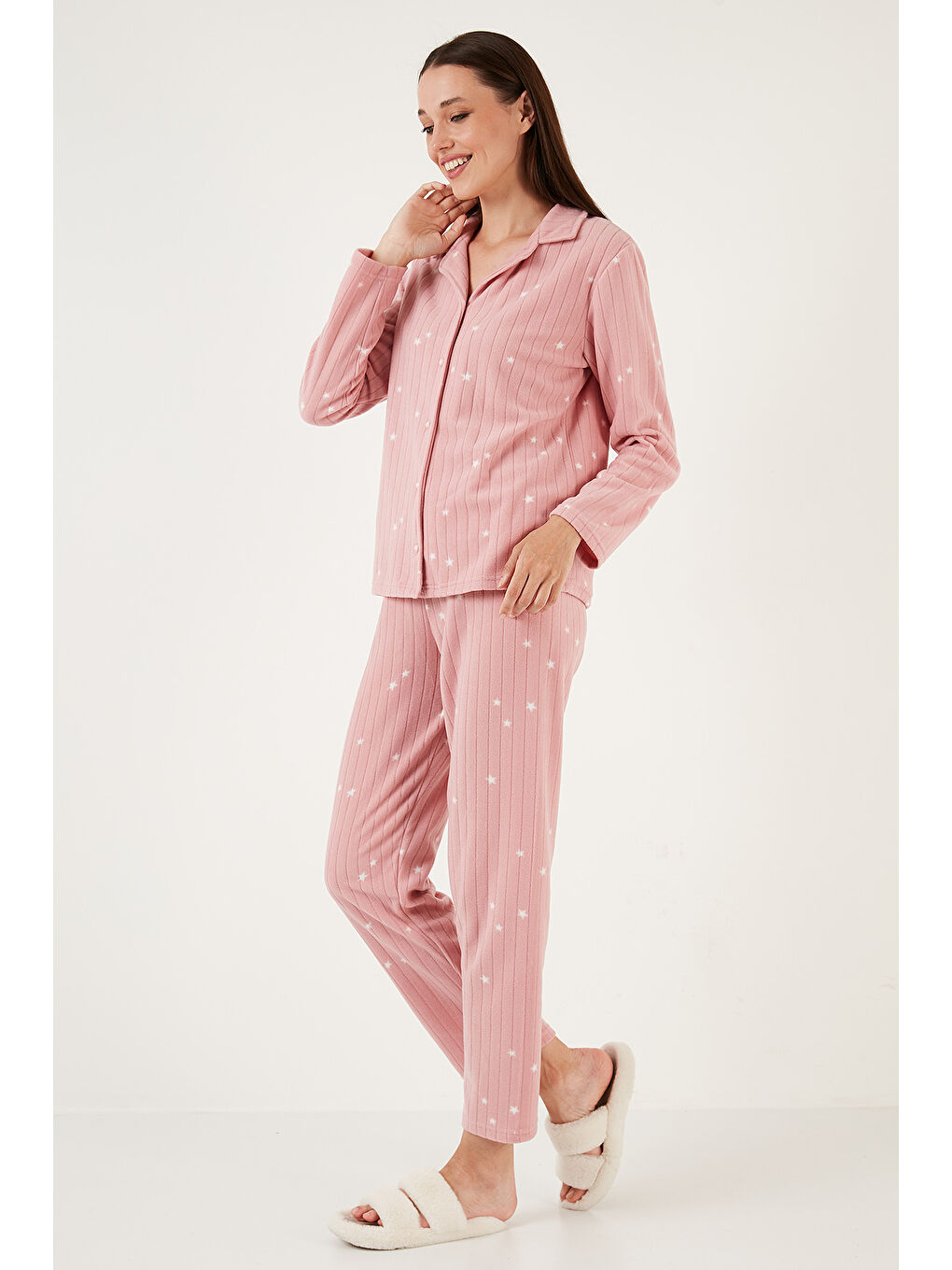 Lela Pudra Pembe Regular Fit Gömlek Yaka Önden Düğmeli Kadın Polar Pijama Takımı 6571009W4 - 3