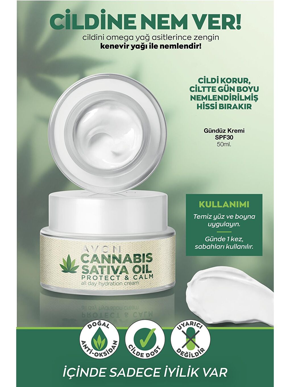 AVON Renksiz Cannabis Sativa Oil Gündüz Kremi SPF30 50 Ml. - 1