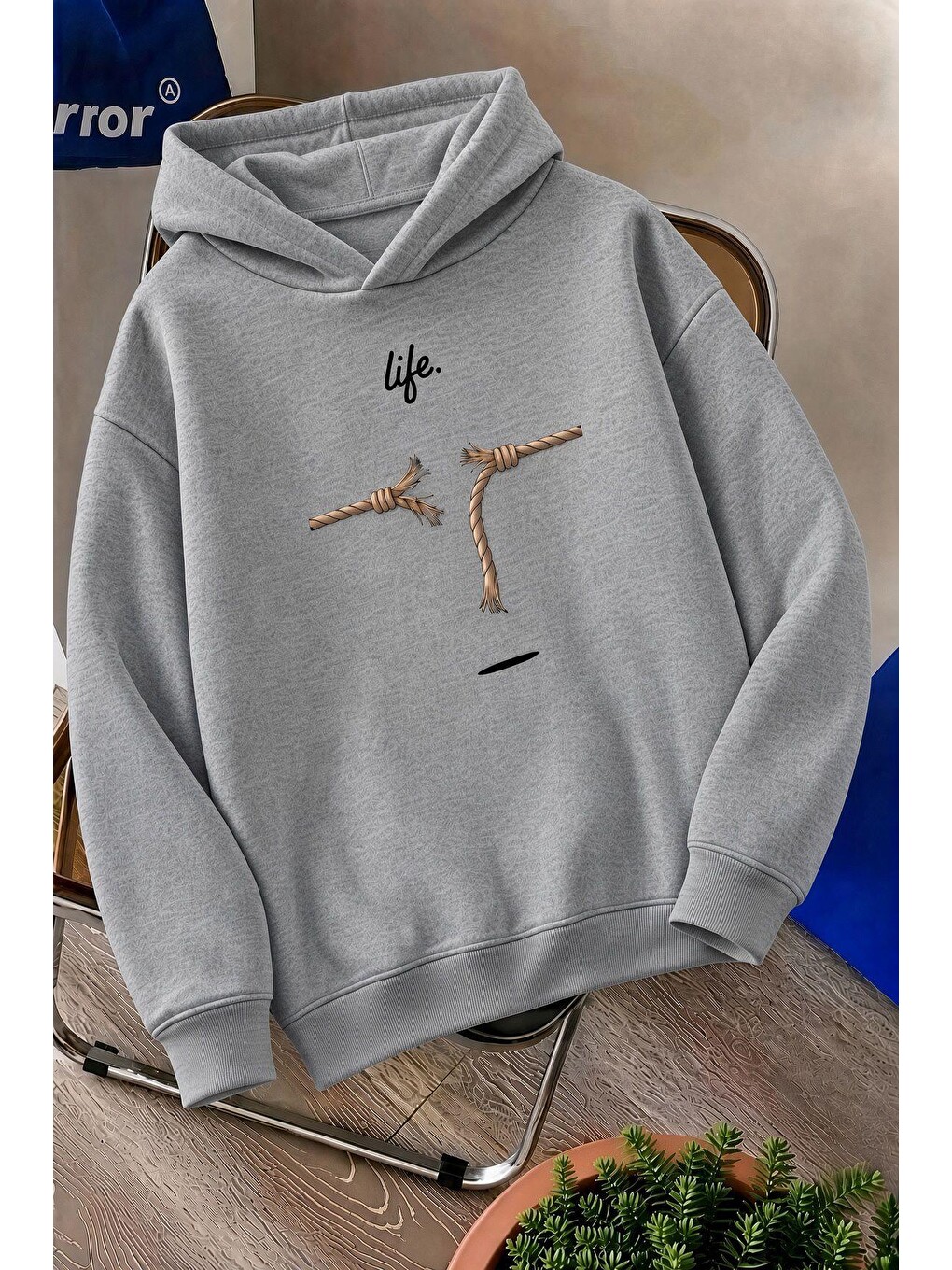 Gri Sw Life Design Minimalist İllüstrasyon Baskılı Unisex Kapüşonlu Sweatshirt-büyük Beden Seçenekli