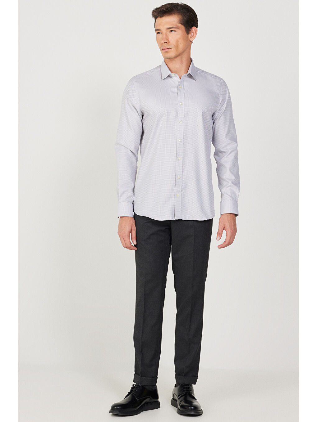 Erkek Gri Ütü Gerektirmez Taılored Slim Fit Dar Kesim Klasik Yaka %100 Pamuk Non-Iron Gömlek-1