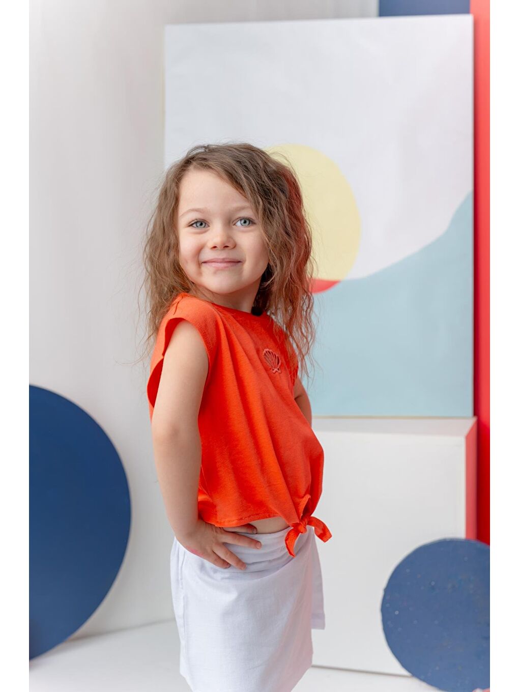 Kırmızı Kız Çocuk Nakış Detaylı Crop T-Shirt - Coral-1