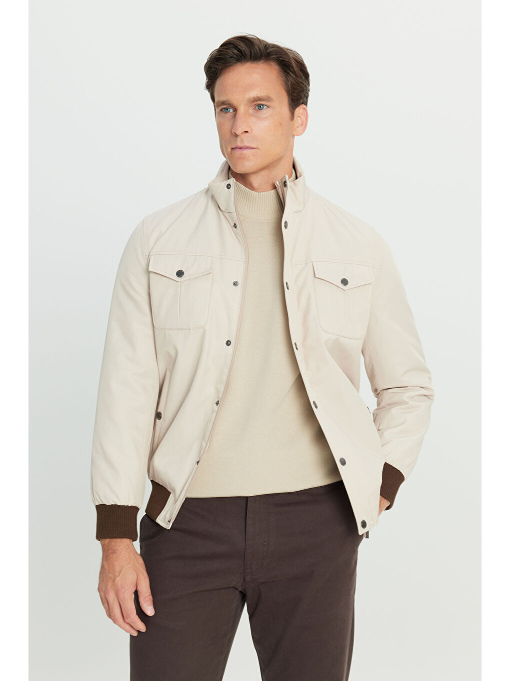 Erkek Bej Pamuklu Standart Fit Normal Kesim Dik Yaka Mont-2