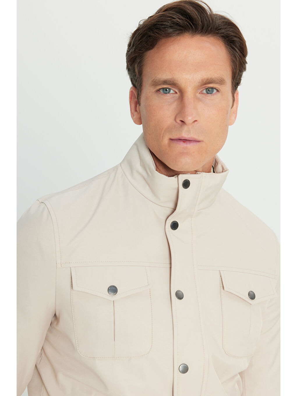 Erkek Bej Pamuklu Standart Fit Normal Kesim Dik Yaka Mont-3