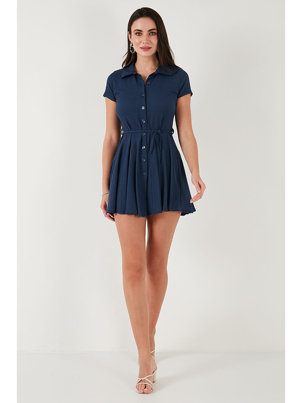 İndigo Bağlama Detaylı Mini Gömlek Elbise 5869006-1
