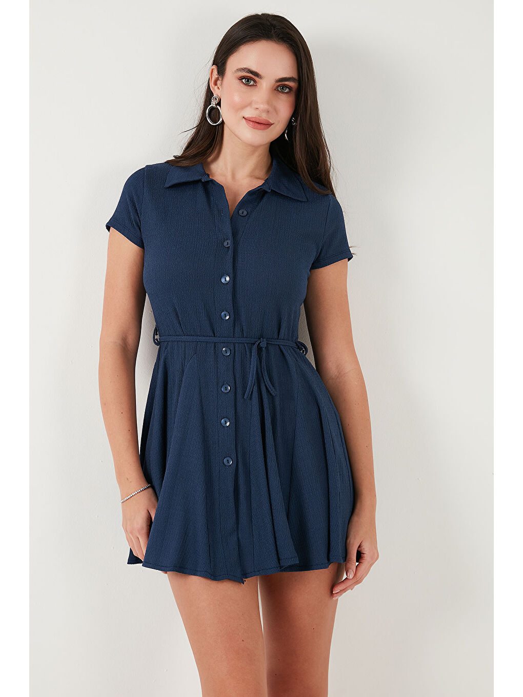 İndigo Bağlama Detaylı Mini Gömlek Elbise 5869006-3