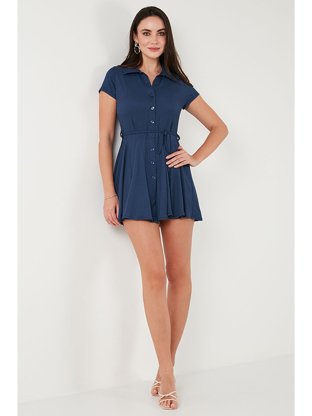 İndigo Bağlama Detaylı Mini Gömlek Elbise 5869006-5