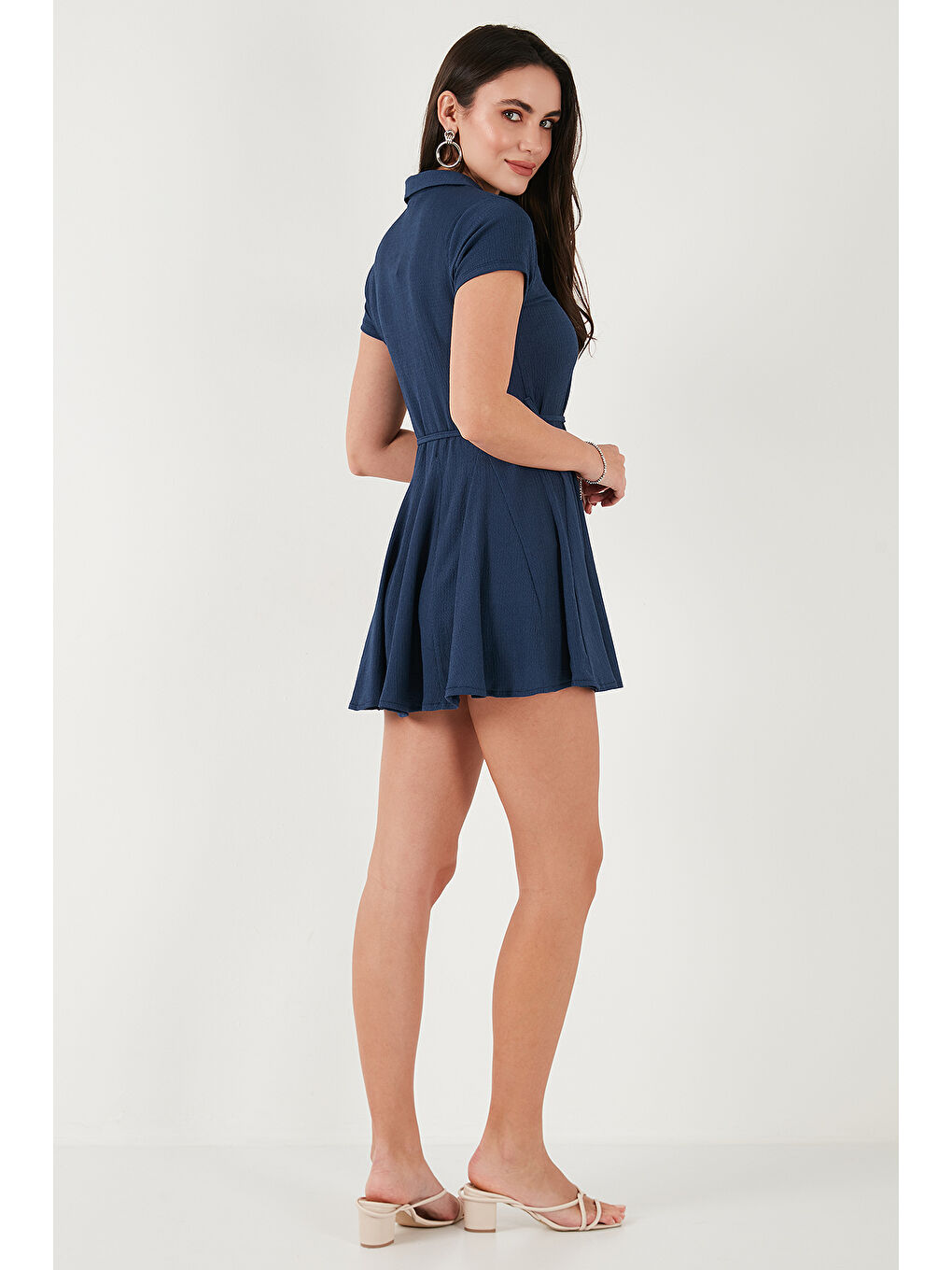 İndigo Bağlama Detaylı Mini Gömlek Elbise 5869006-6