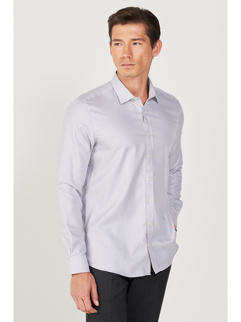 Erkek Gri Ütü Gerektirmez Taılored Slim Fit Dar Kesim Klasik Yaka %100 Pamuk Non-Iron Gömlek-2
