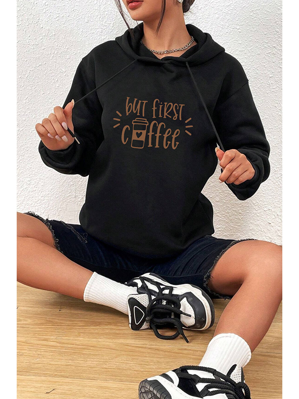 uyguntarz Siyah Unisex Oversize But First Coffee Baskılı Sweatshirt