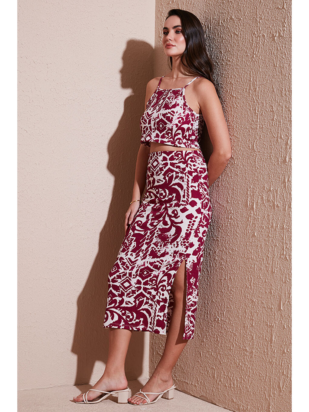 Mürdüm Slim Fit İp Askılı Yırtmaçlı Midi Alt-Üst Kadın Takım 5865726-1