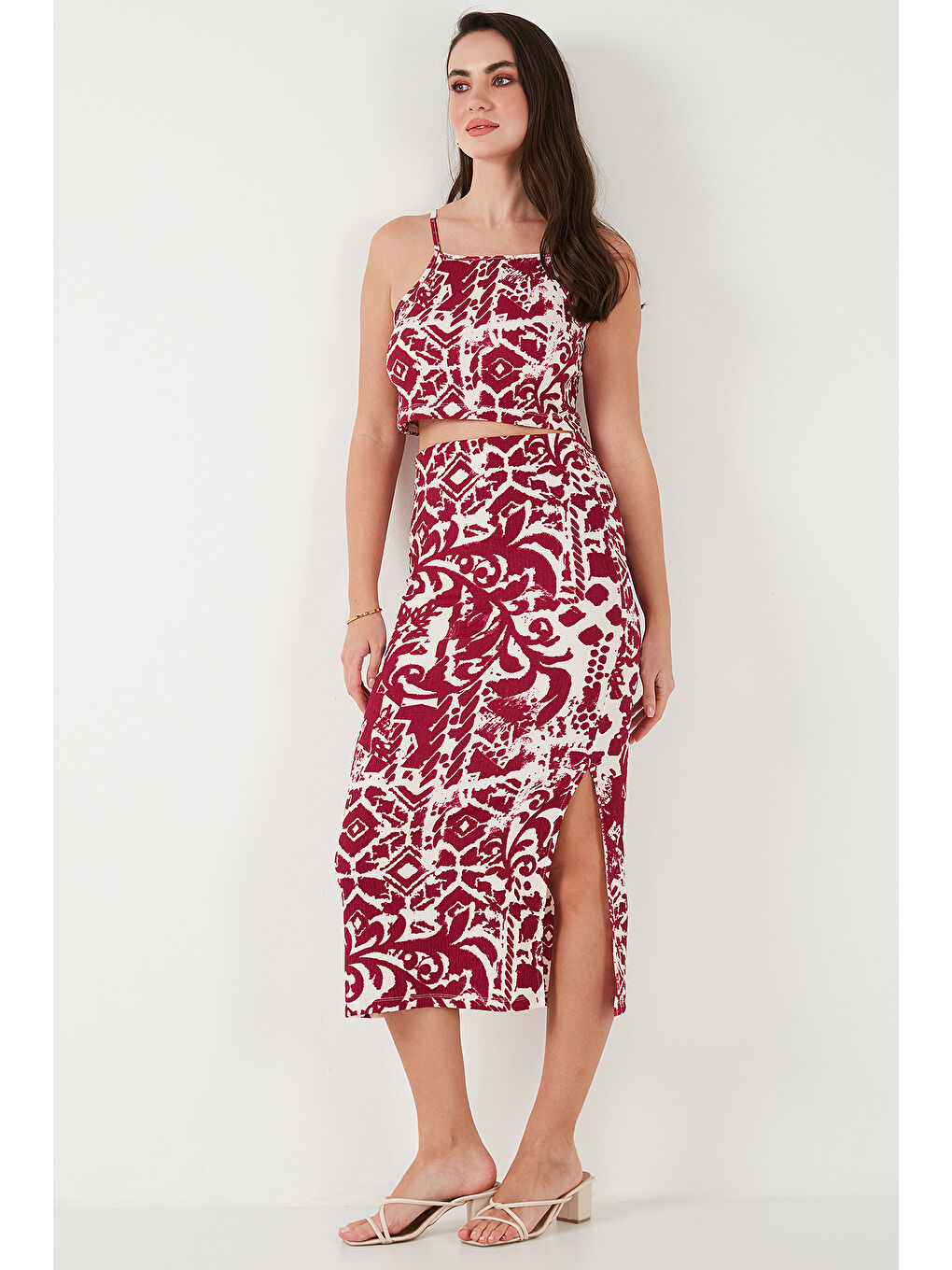 Mürdüm Slim Fit İp Askılı Yırtmaçlı Midi Alt-Üst Kadın Takım 5865726-3