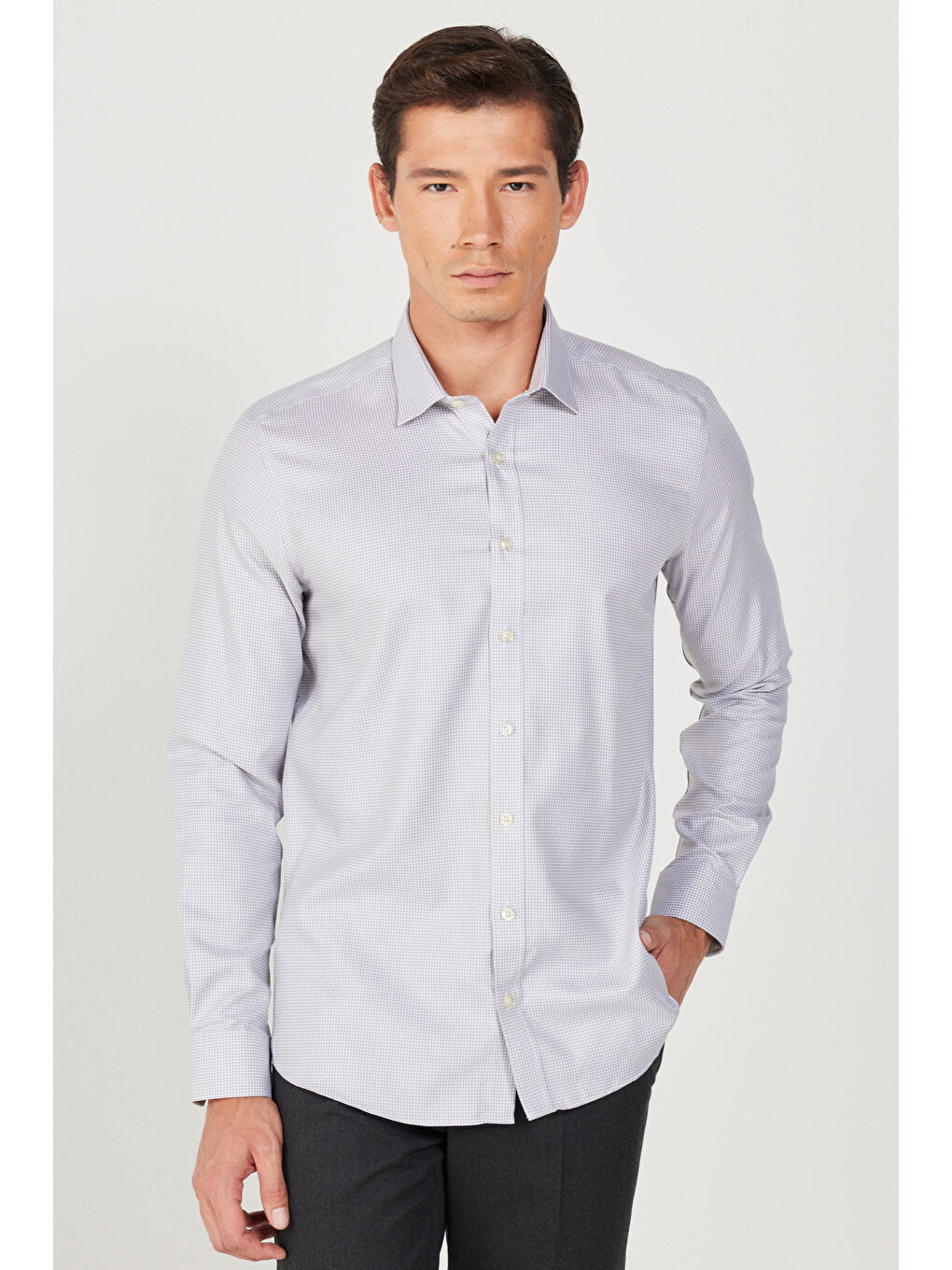 Erkek Gri Ütü Gerektirmez Taılored Slim Fit Dar Kesim Klasik Yaka %100 Pamuk Non-Iron Gömlek-3