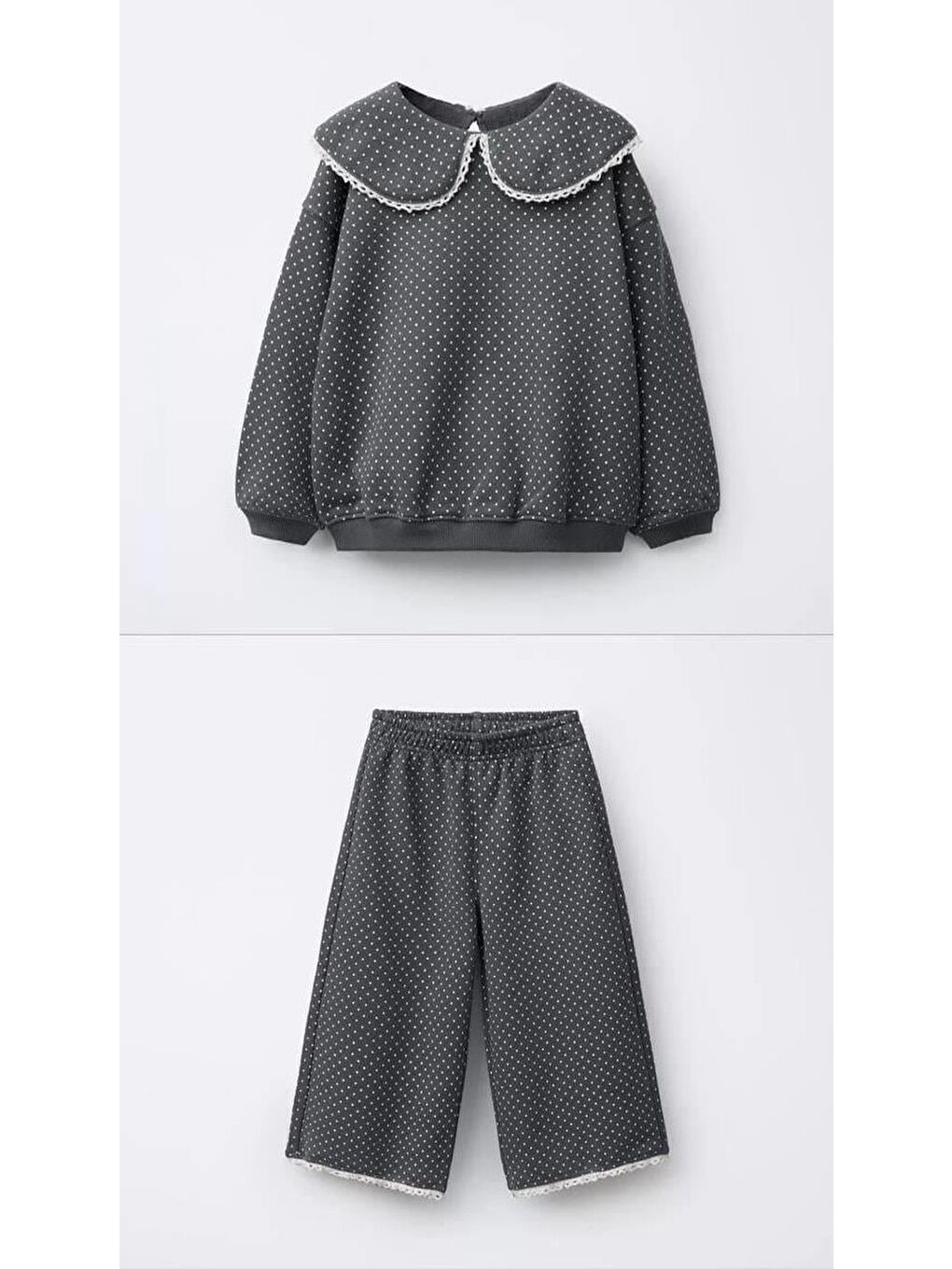 Gri Kız Çocuk Pamuklu Puantiye Desenli Dantel Yakalı Takım – Geniş Paça Pantolonlu-3