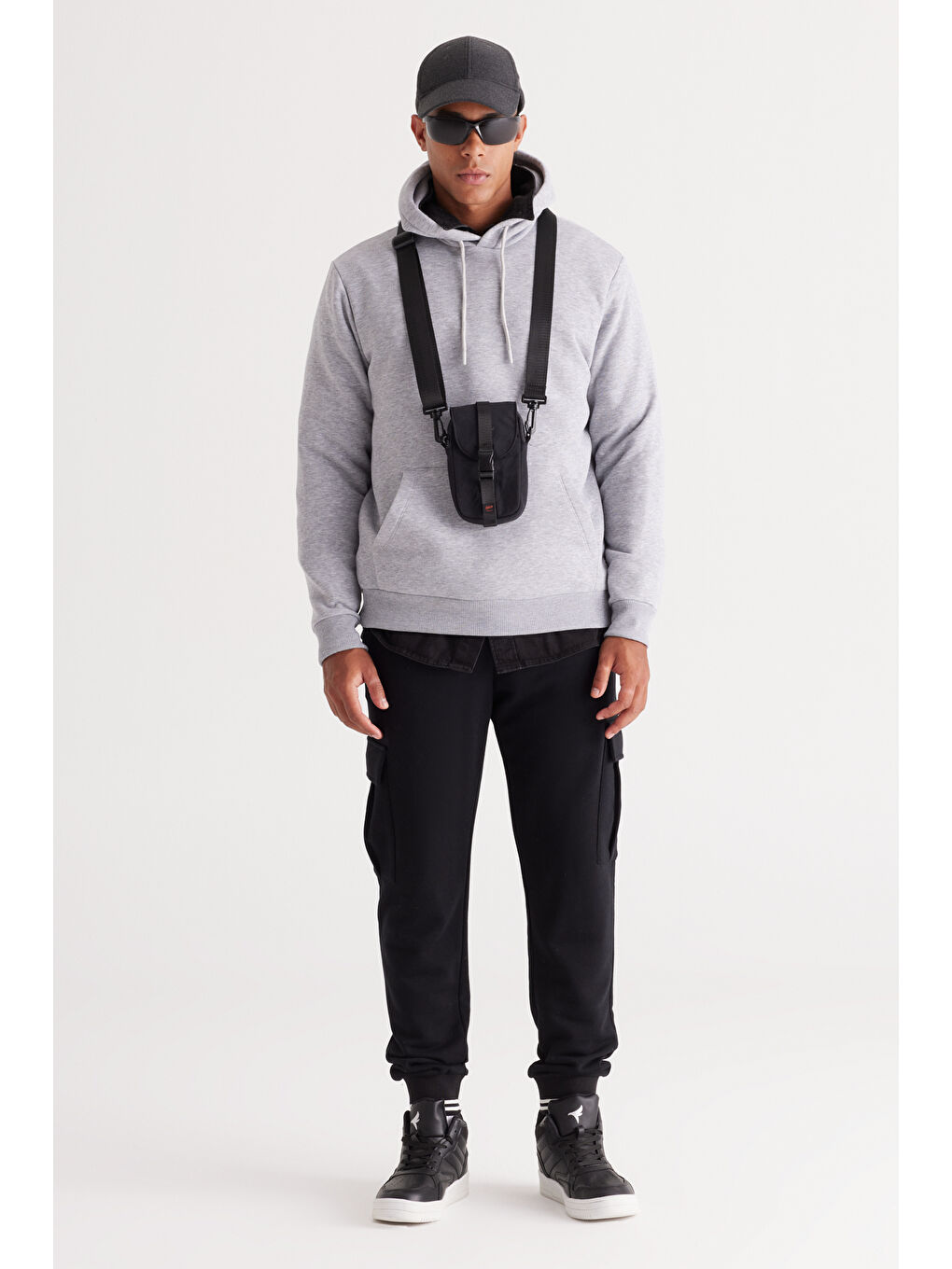 Erkek Gri Melanj Standart Fit Pamuklu Kapüşonlu Sweatshirt-2