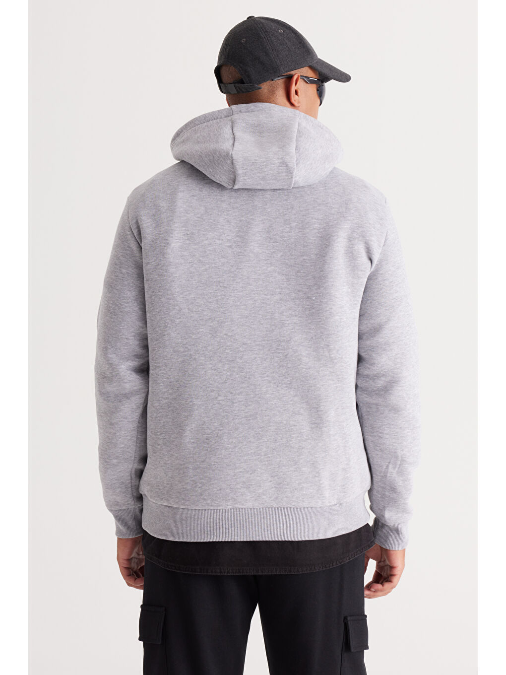 Erkek Gri Melanj Standart Fit Pamuklu Kapüşonlu Sweatshirt-5