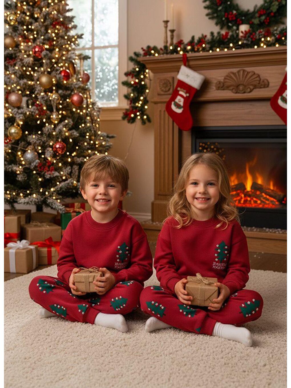 Kırmızı Unisex Çocuk Pamuklu Bordo Yılbaşı Ağaç Desenli Eşofman Takımı – Rahat Kesim-1