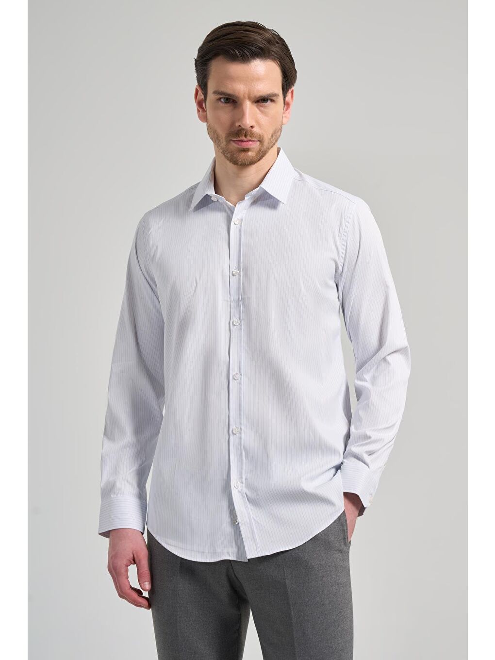 Beyaz Uzun Kol Desen Yarım İtalyan Yaka Cepsiz Esnek Classic Slim Fit Gömlek 1004245217