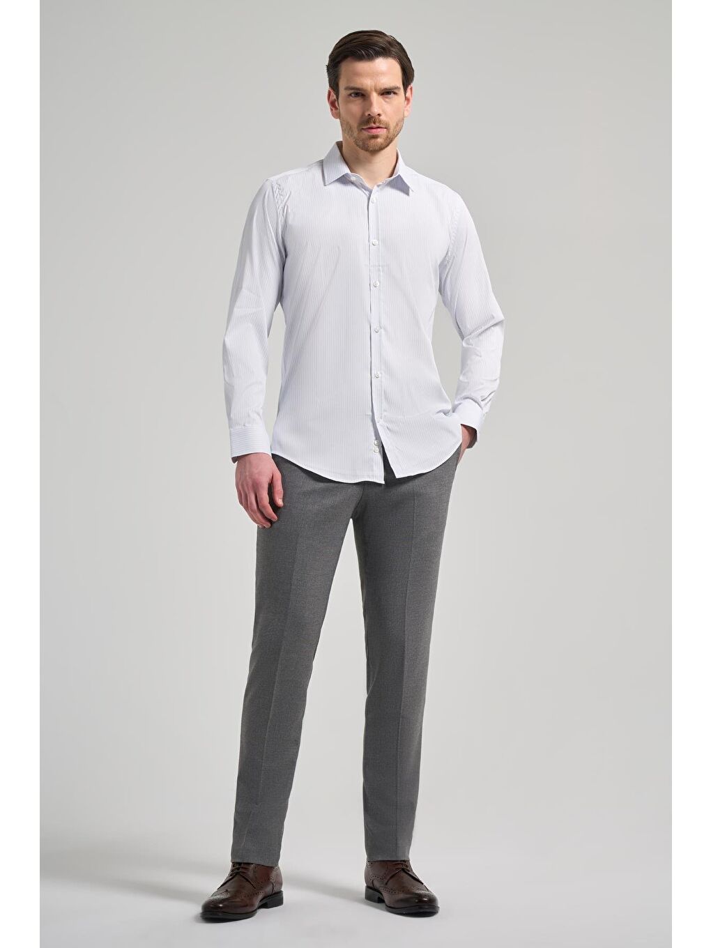 Beyaz Uzun Kol Desen Yarım İtalyan Yaka Cepsiz Esnek Classic Slim Fit Gömlek 1004245217-1