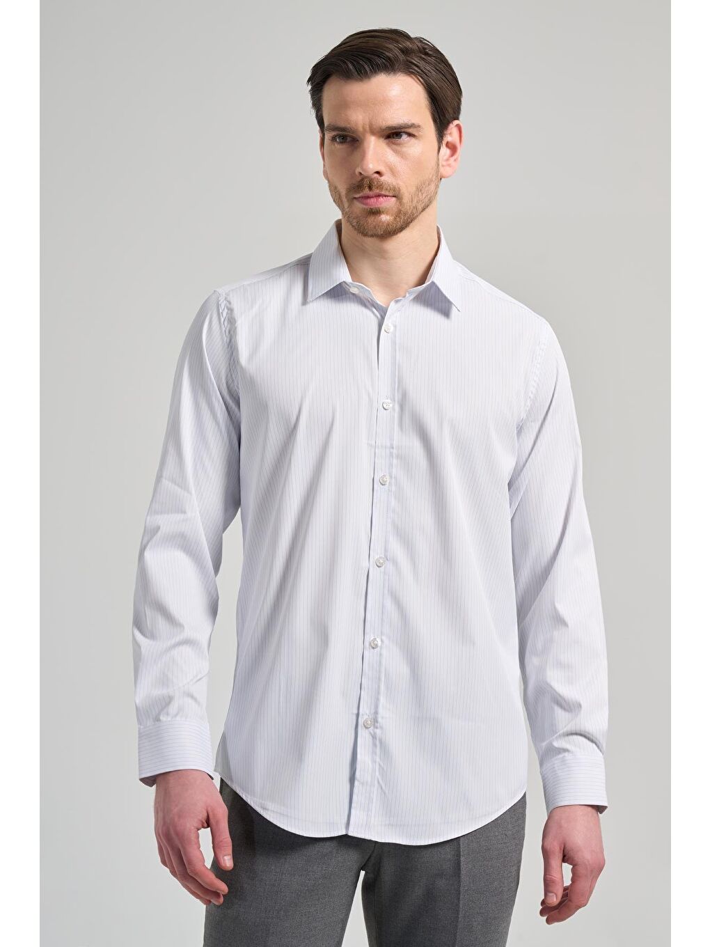 Beyaz Uzun Kol Desen Yarım İtalyan Yaka Cepsiz Esnek Classic Slim Fit Gömlek 1004245217-2