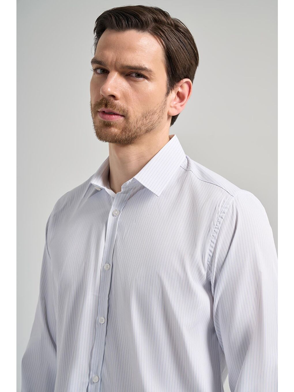 Beyaz Uzun Kol Desen Yarım İtalyan Yaka Cepsiz Esnek Classic Slim Fit Gömlek 1004245217-3