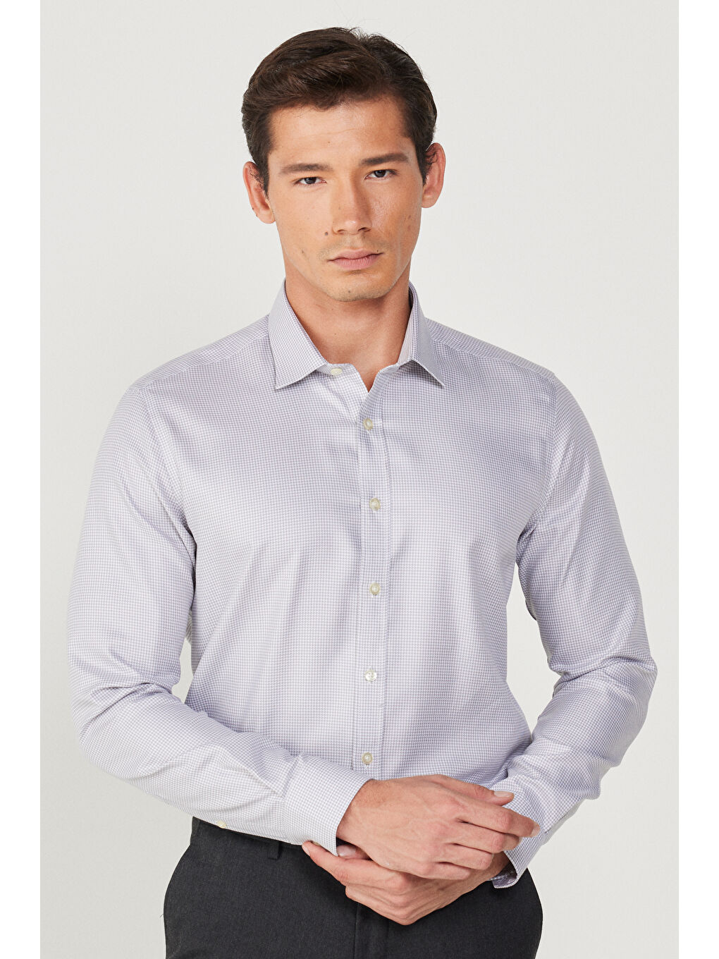 Erkek Gri Ütü Gerektirmez Taılored Slim Fit Dar Kesim Klasik Yaka %100 Pamuk Non-Iron Gömlek-4