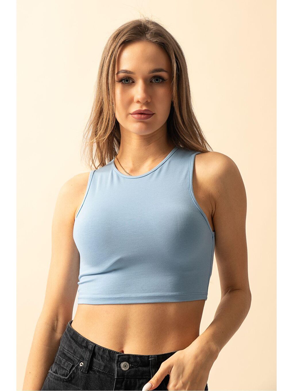 Kadın Bebe Mavisi Düz Penye Kolsuz Crop Bluz
