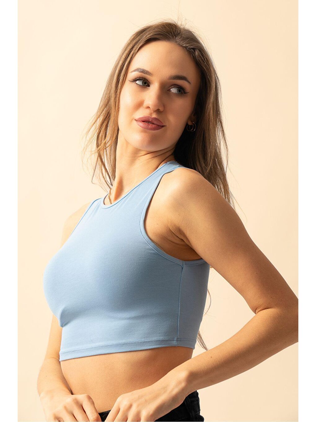 Kadın Bebe Mavisi Düz Penye Kolsuz Crop Bluz-1