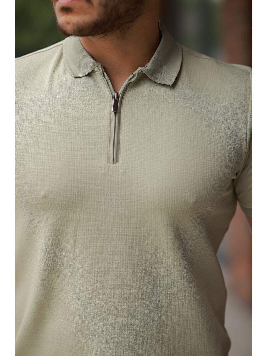 Yeşil Erkek Fermuarlı Yaka Kısa Kollu Tişört-2