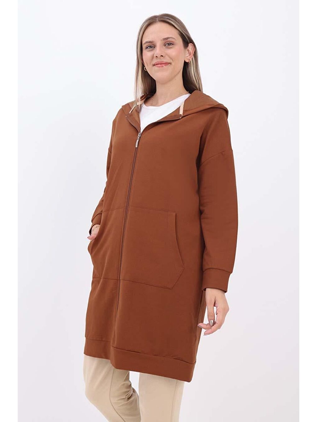 Kahverengi Kahve Kapüşonlu Fermuarlı Sweat Hırka