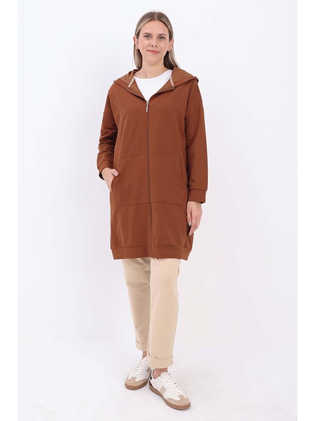 Kahverengi Kahve Kapüşonlu Fermuarlı Sweat Hırka-1