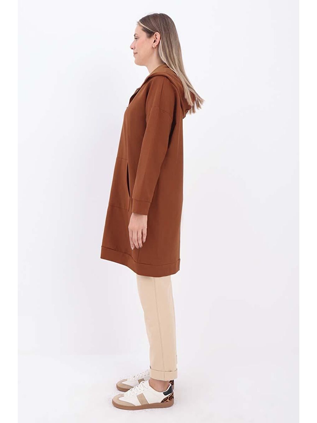 Kahverengi Kahve Kapüşonlu Fermuarlı Sweat Hırka-2