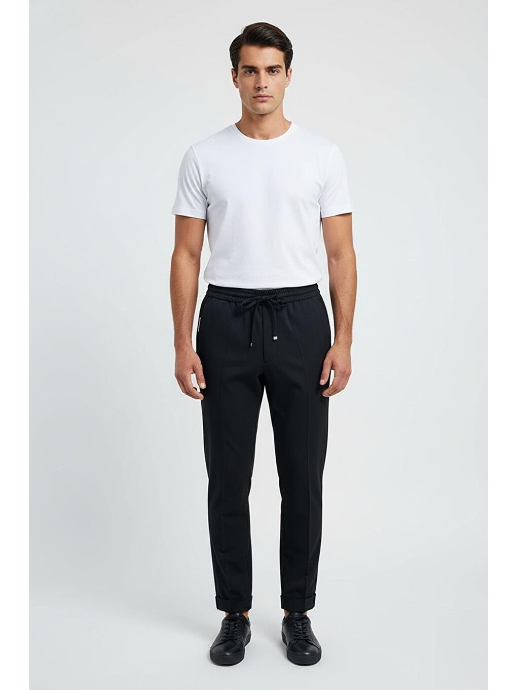 Giotelli Siyah Slim Fit %100 Yün Balıksırtı Desenli Erkek Jogger Pantolon