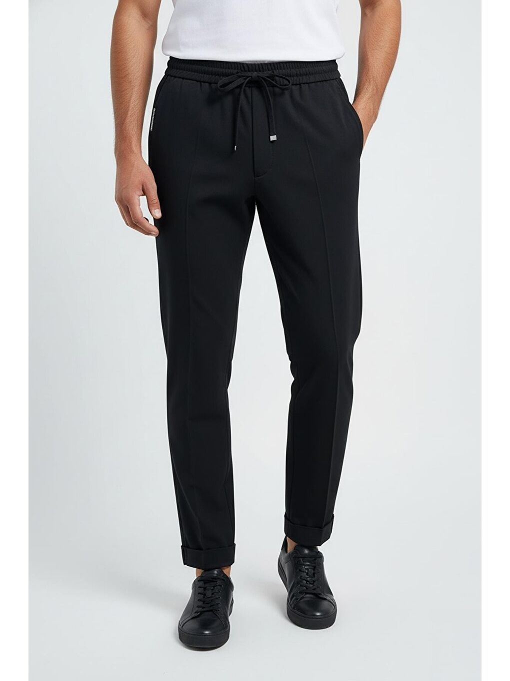 Giotelli Siyah Slim Fit %100 Yün Balıksırtı Desenli Erkek Jogger Pantolon-1