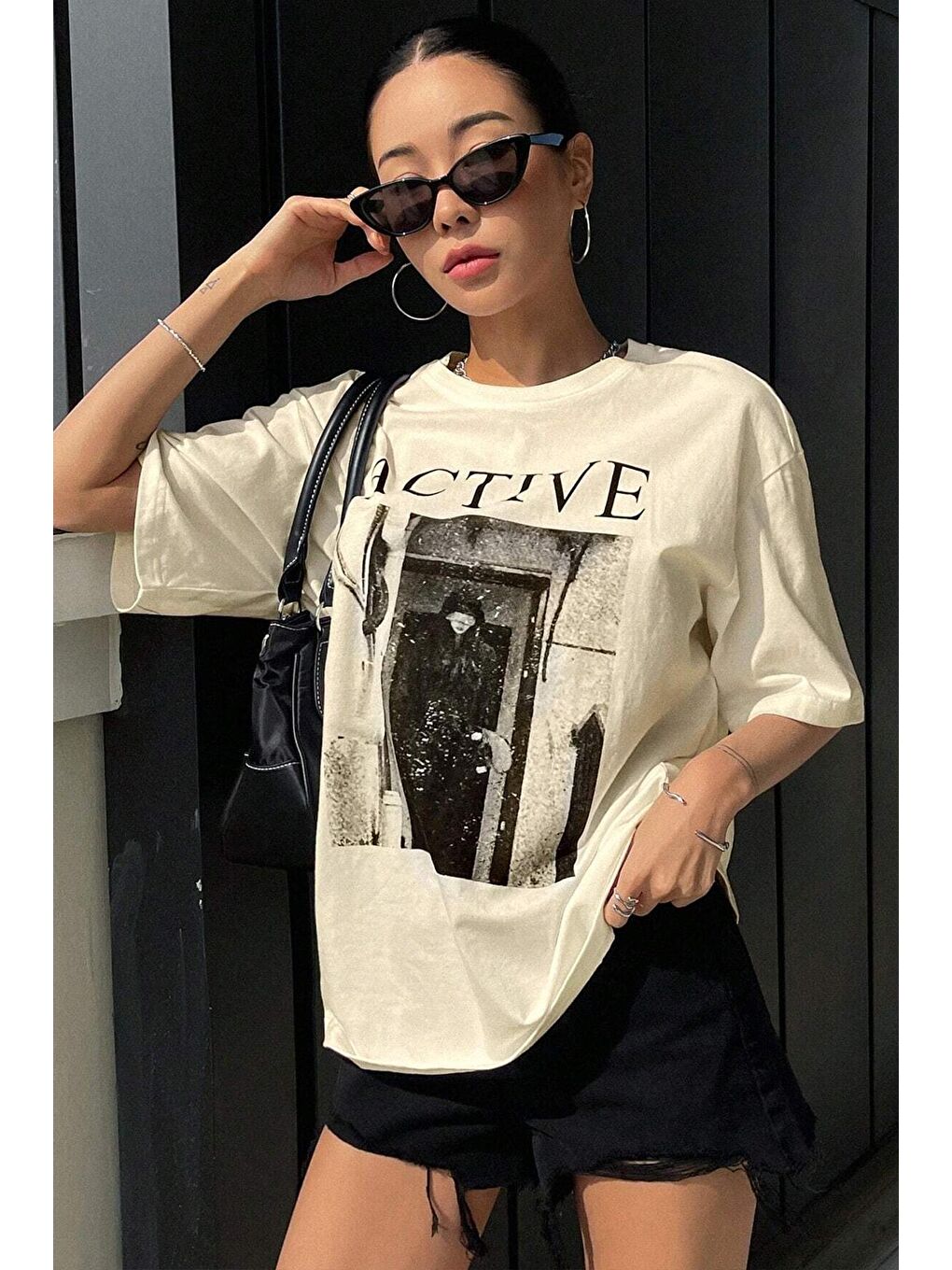 uyguntarz Bej Unisex Active Baskılı Oversize Tshirt - 2