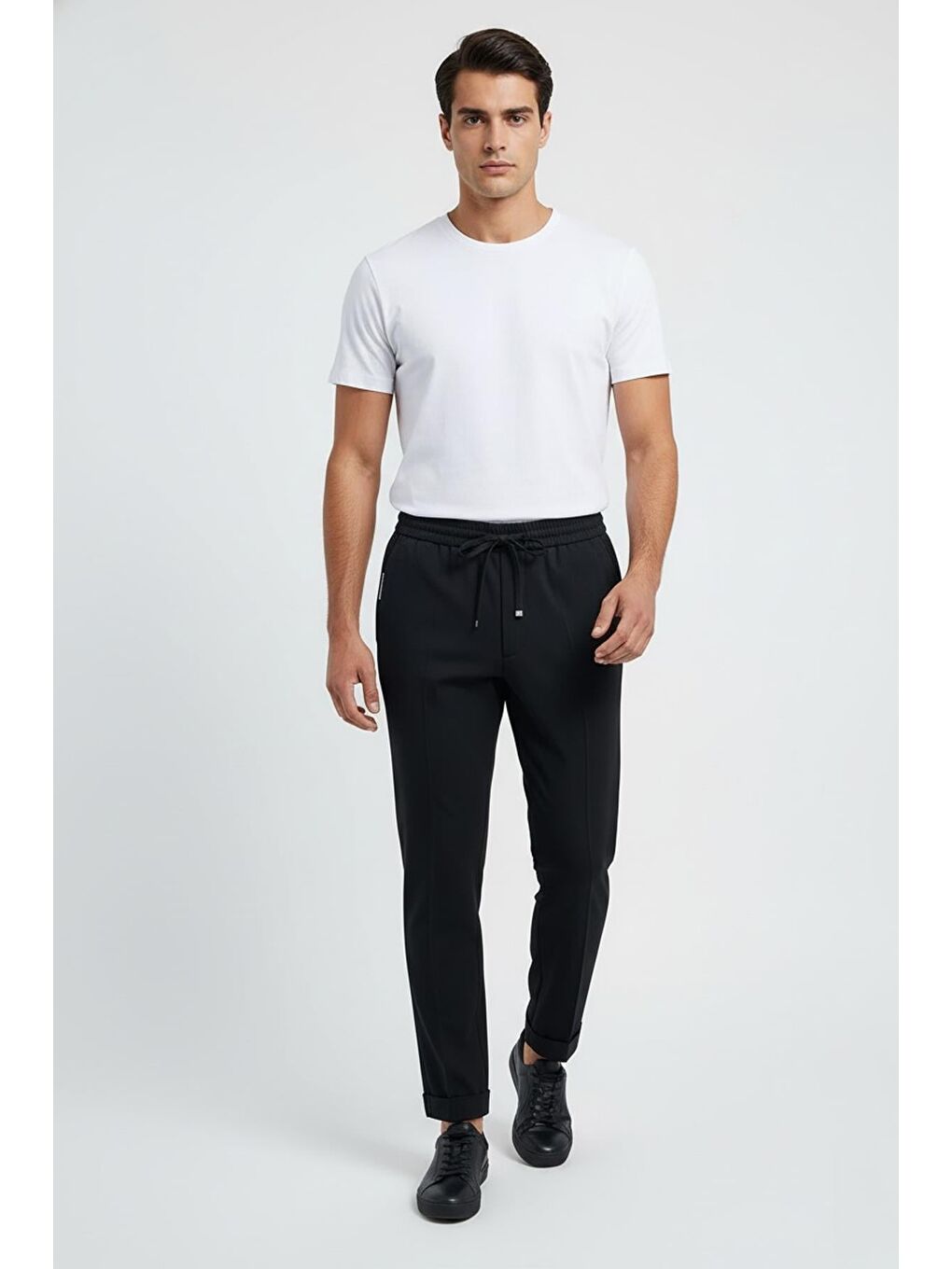 Giotelli Siyah Slim Fit %100 Yün Balıksırtı Desenli Erkek Jogger Pantolon-3