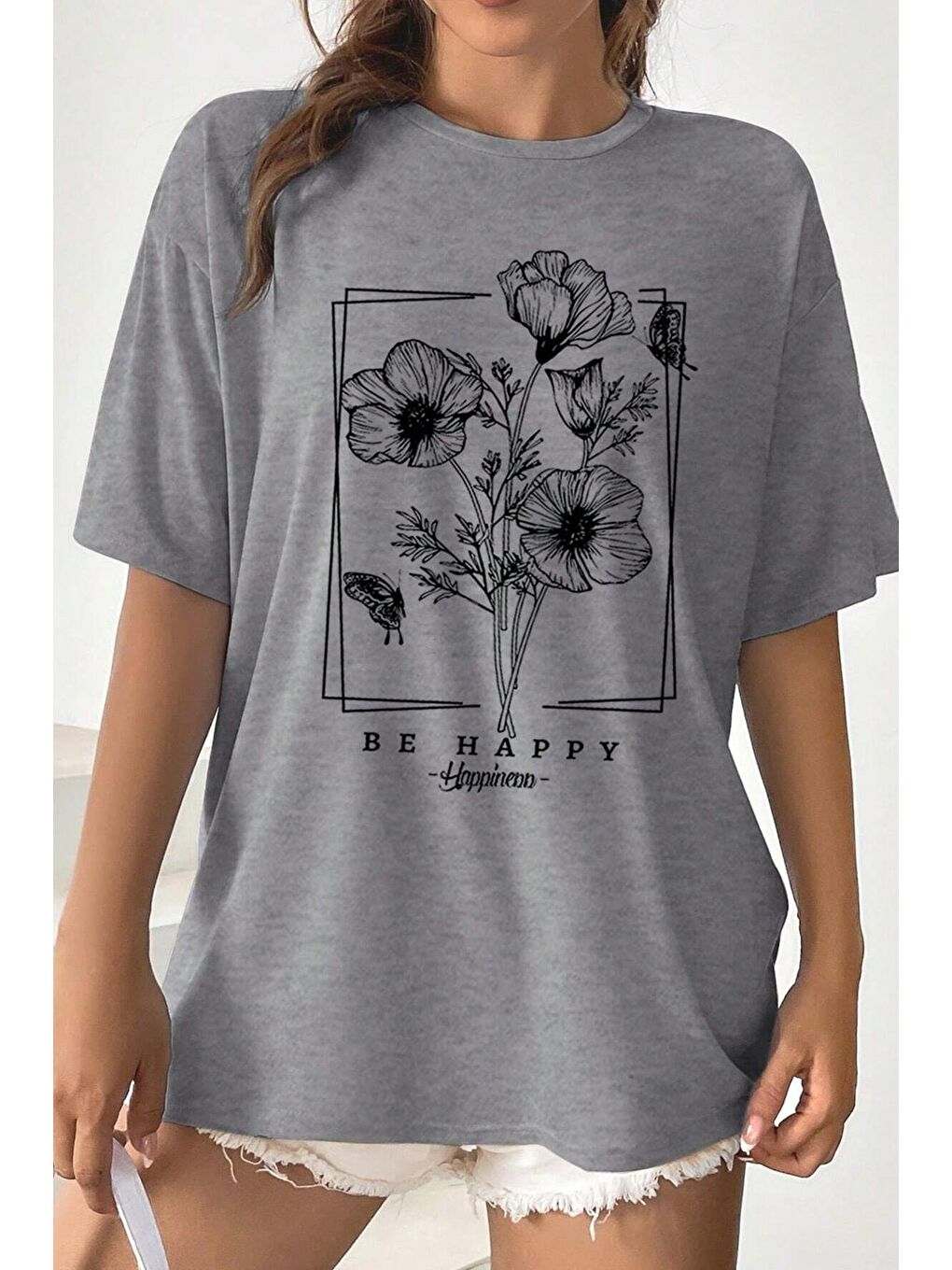 uyguntarz Gri Unisex Be Happy Baskılı Oversize Tshirt - 2