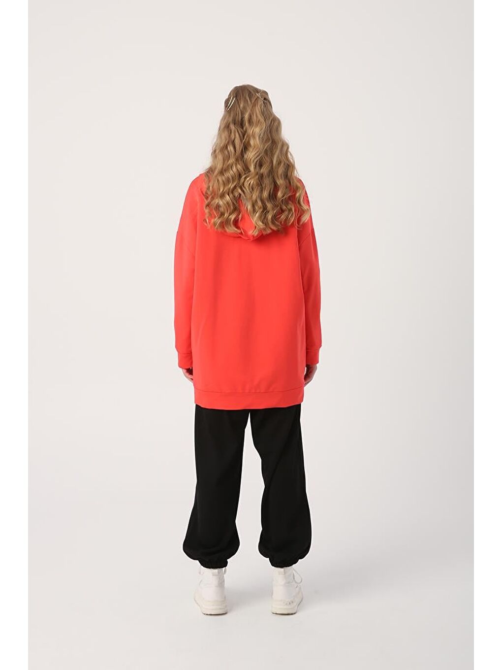 Kırmızı Nar Çiçeği Kapüşonlu Fermuarlı Sweat Hırka-3